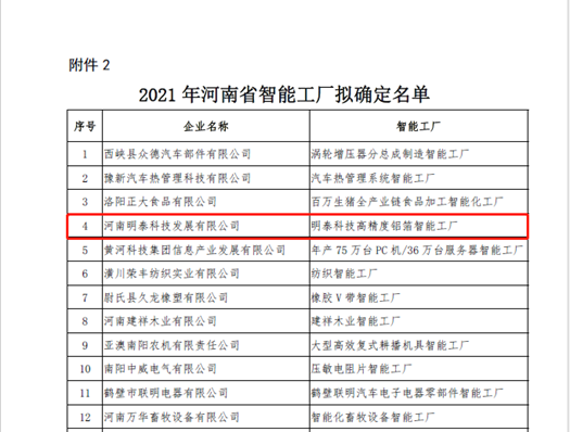 2021年河南省智能车间智能工厂拟认定名单公示，明泰科技榜上有名